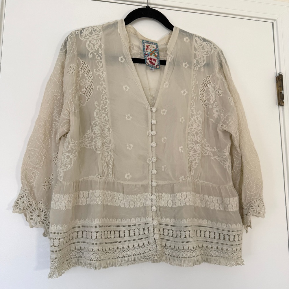 Johnny Was $275 Polyvore Juniper Blouse Ivory Embroidered Boho Blouse Medium - Picture 3 of 9